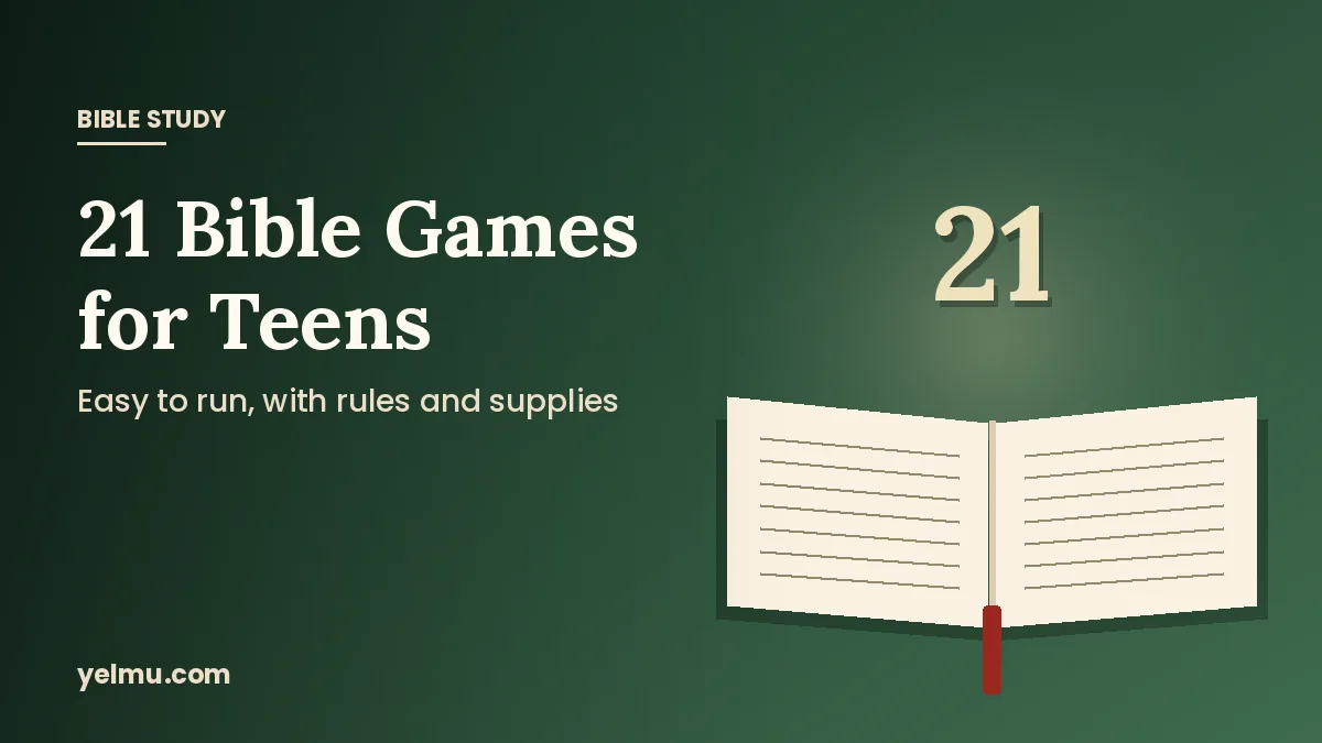 Illustration of an open Bible with the number 21 for a list of Bible games for teens and youth groups