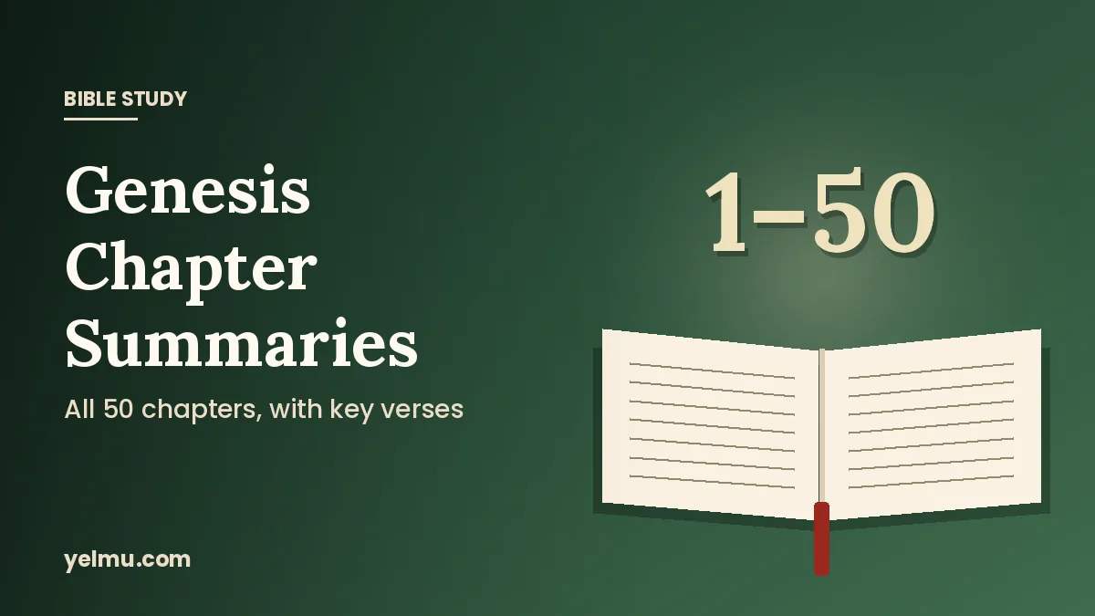 Illustration of an open Bible with the label 1–50 for chapter-by-chapter summaries of Genesis