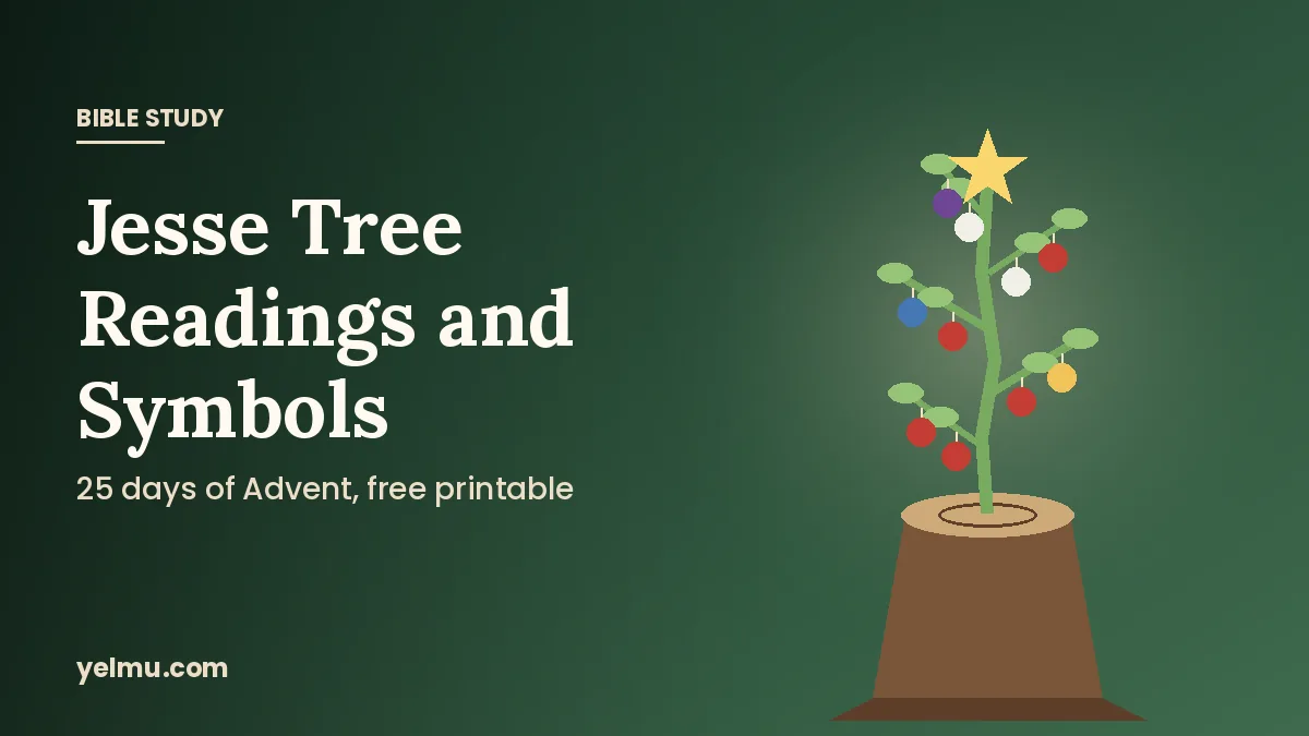 Illustration of a tree growing from a stump with Advent ornaments for Jesse Tree readings and symbols