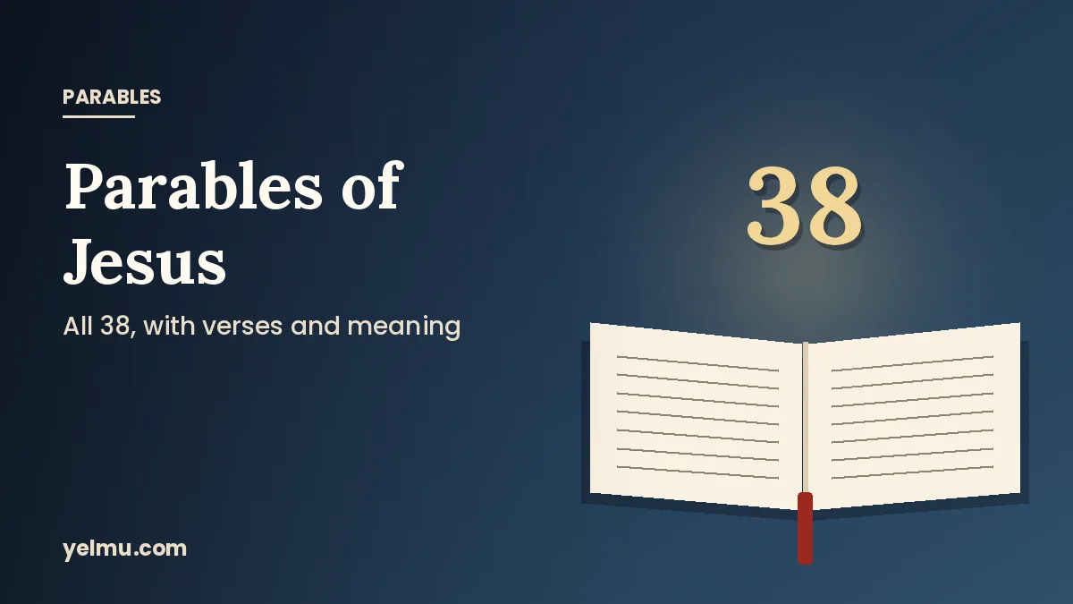 Illustration of an open Bible with the number 38 for a guide to all the parables of Jesus